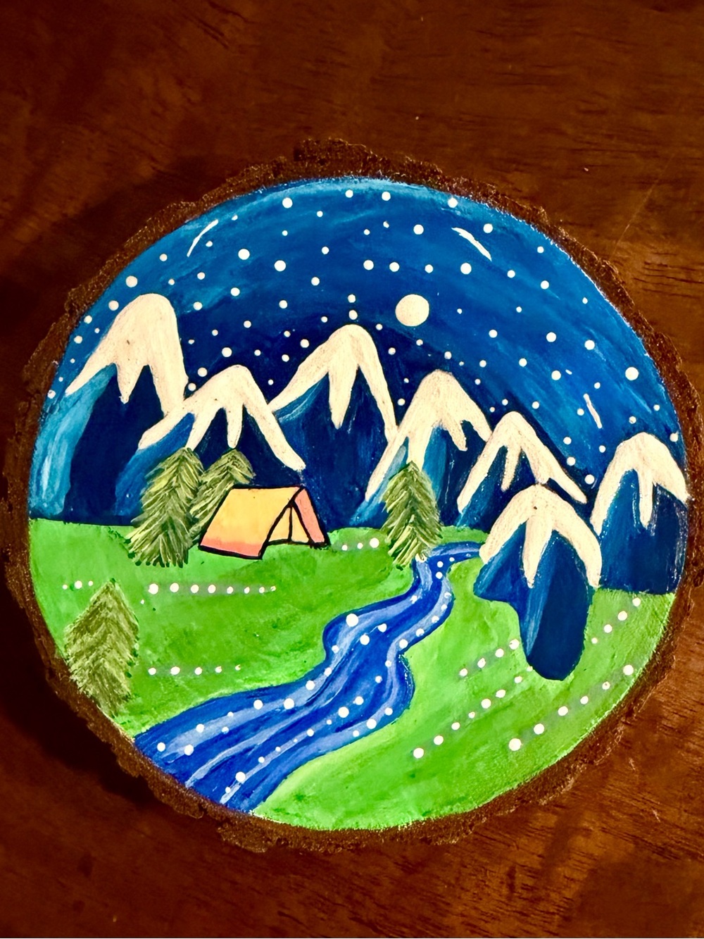 Hand-Painted Mountain Nightscape Wood Slice - Blue & Green